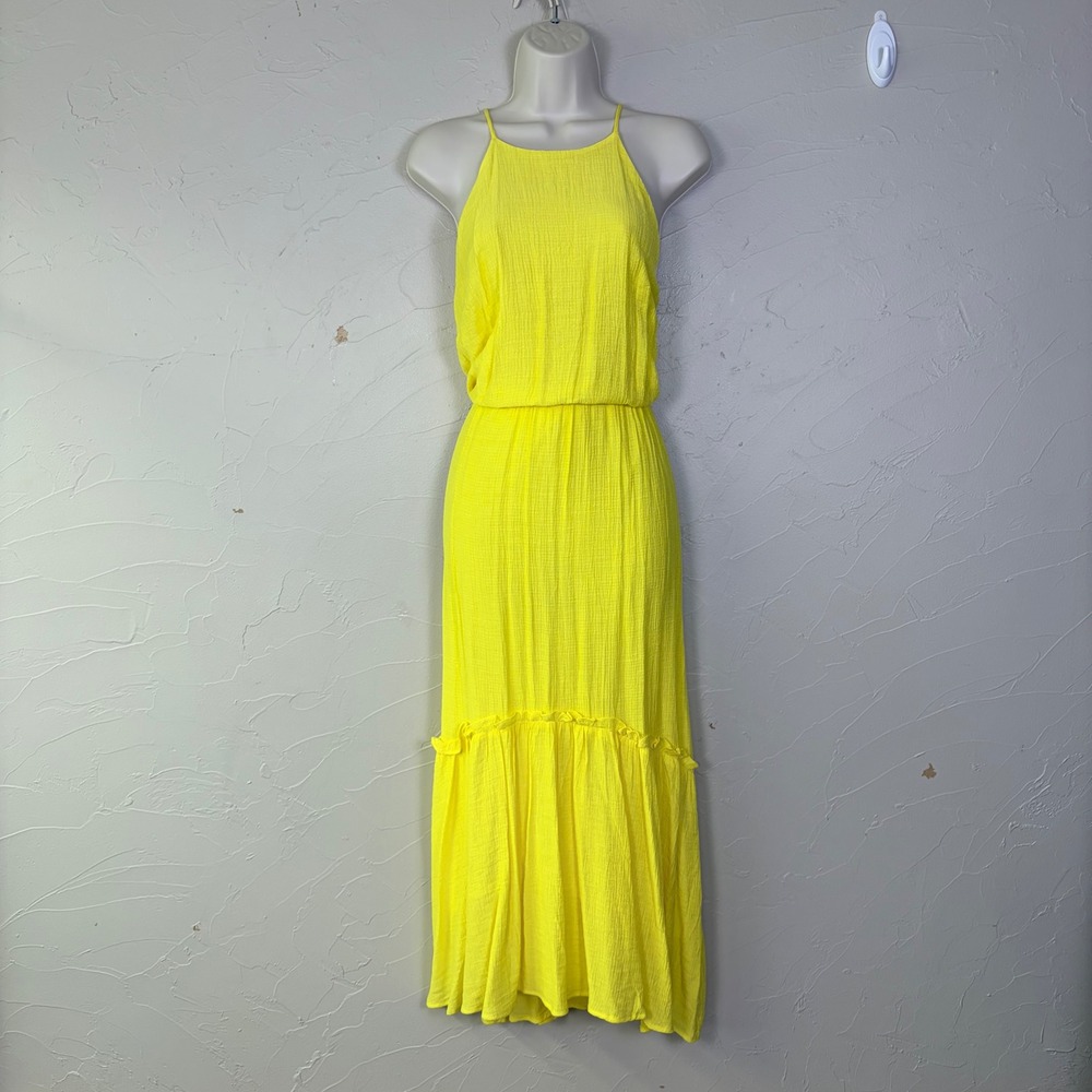 Lush Maxi Dress Womens Large Yellow Gauze Halter Tiered Keyhole Summer Boho
